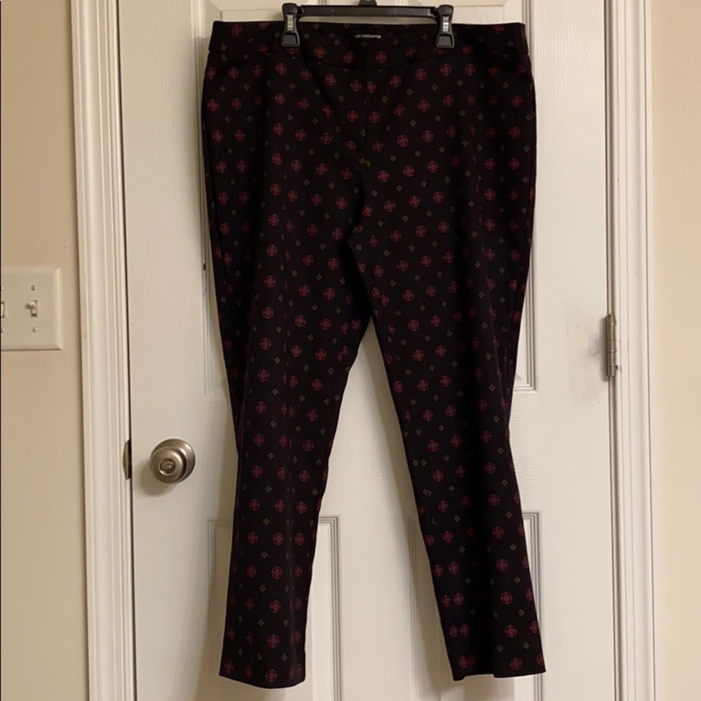 Liz Claiborne Black & Red Print Cotton-Blend Comfy Emma Pants Size 14